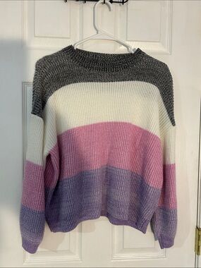 Womens Colorblock Crewneck Sweater - Gray, White, Pink & Purple- small